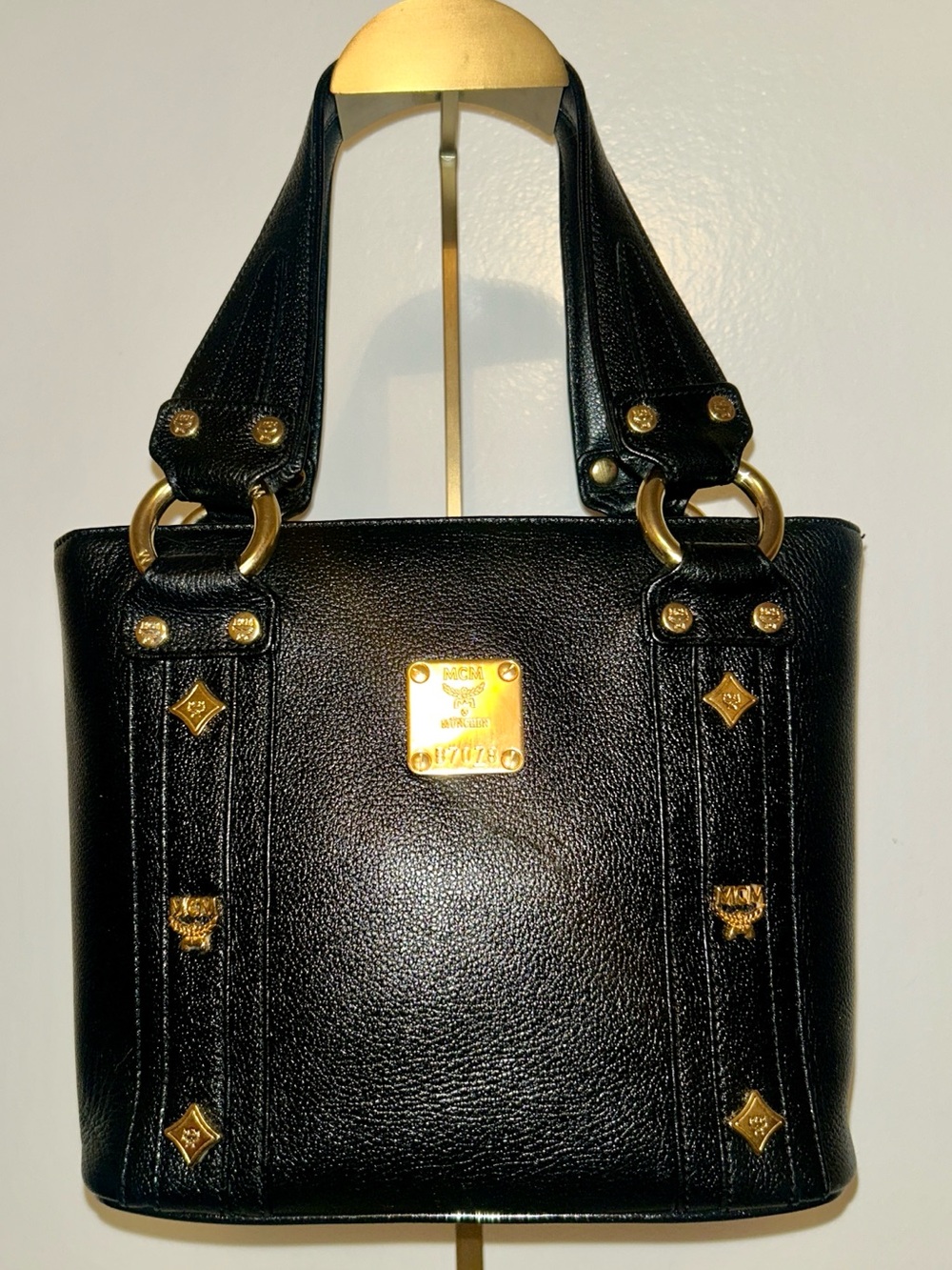 MCM Black Leather München Studded Satchel Tote Bag, Vintage